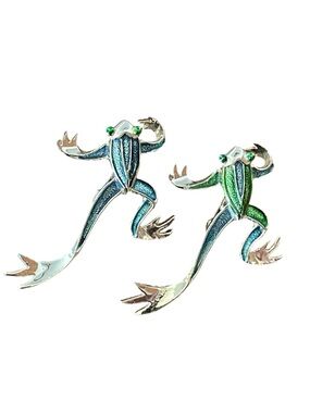 Vintage Green and Blue Enamel Frog Reptile Brooch Pin - Set of 2